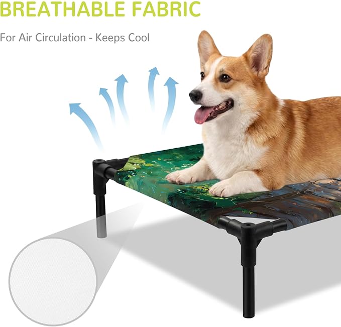 Outdoor Elevated Dog Bed for Medium Dogs, Wooden Bridge Pond Breathable Cooling Raised Dog Cot for Indoor/Outdoor, Spring Floral Fish Waterproof Elevated Pet Beds, M 24 x 20 in