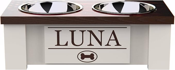 Elevated Dog Bowls for Small Dogs, Personalized Food Stand for Toy Breed | Farmhouse Style, Elevated Wood Stand, Storage Container, Stainless Steel Bowls, Raised Anti-Slip Feeder, Made in USA