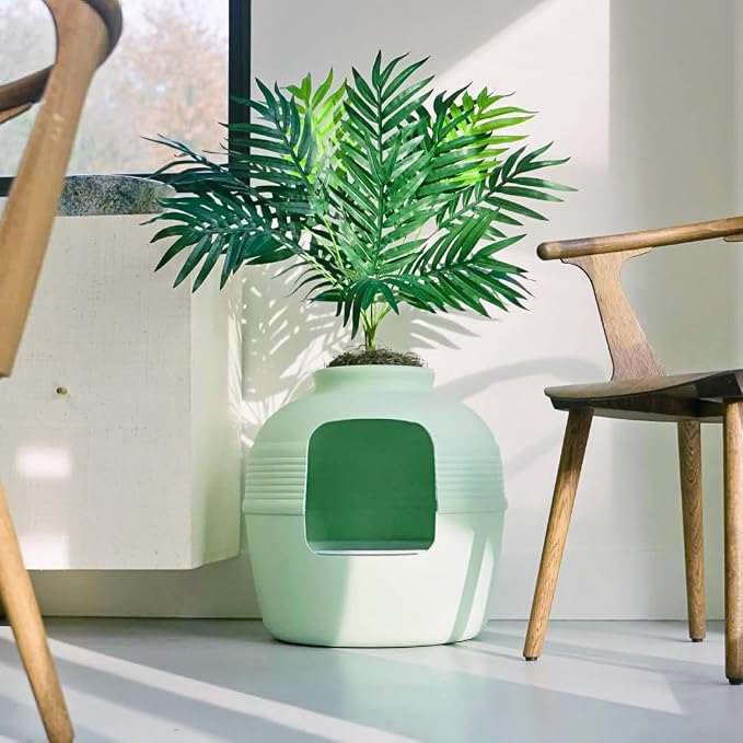 Good Pet Stuff Original Hidden Litter Box Planter, Decorative Cat Litter Enclosure with Carbon Filter, Artificial Palm Plant, Upgraded Design, Easy Clean Litter Tray, Essentials Kit, Seagrass Green