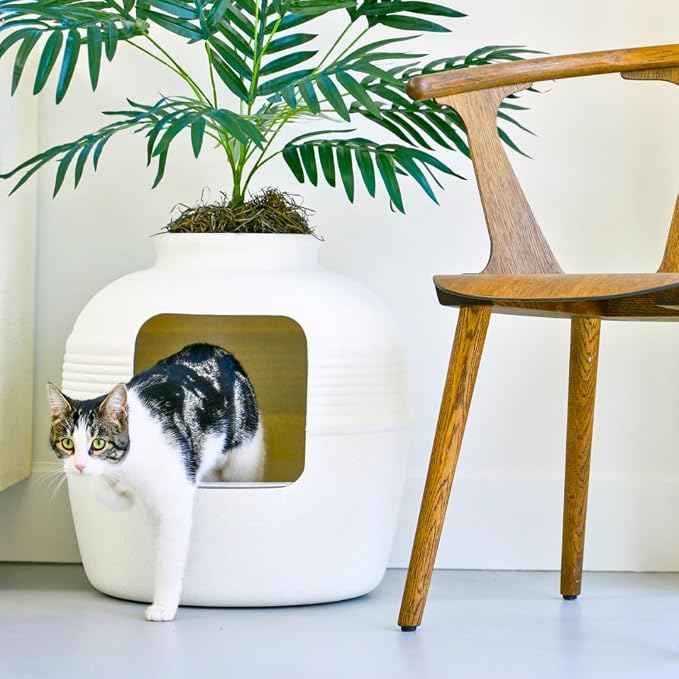 Good Pet Stuff Original Hidden Litter Box Planter, Decorative Cat Litter Enclosure with Carbon Filter, Artificial Palm Plant, Upgraded Design, Easy Clean Litter Tray, Essentials Kit, White Birch