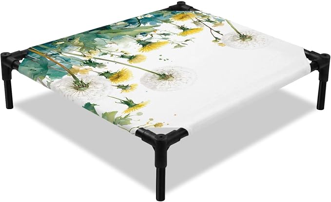 Outdoor Elevated Dog Bed for Small Dogs, Hanging Dandelions Breathable Cooling Raised Dog Cot for Indoor/Outdoor, Green Leaves Botanical Flower Minimalist Waterproof Elevated Pet Beds, S 20 x 20 in