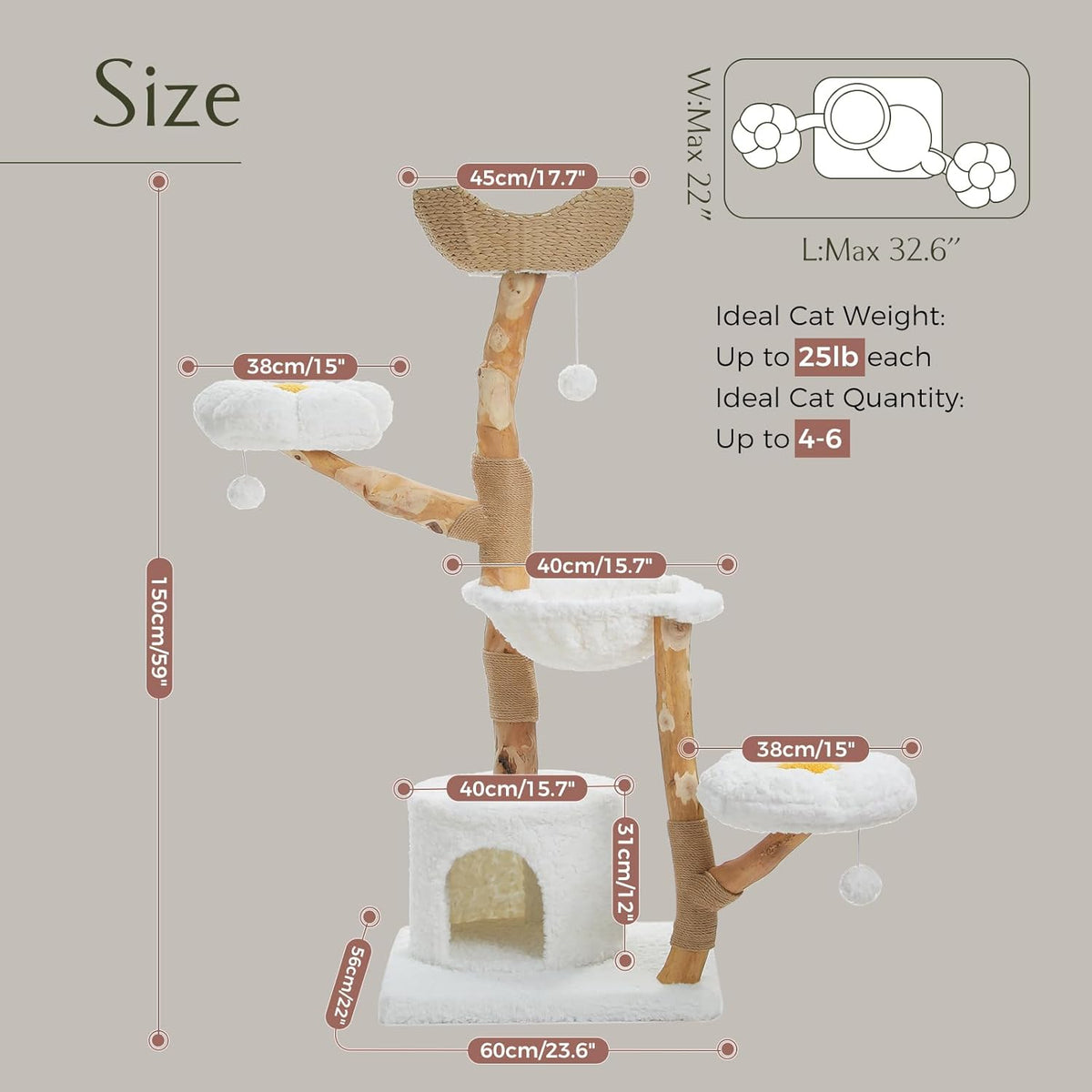 PAWZ Road Cat Tree for Indoor Cats Large Adults, 59 Inches Modern Cat Tower with Large Basket and Hammock, Natural Solid Wood, Luxury Condo & Dual Perches, Modern Cat Furniture for Big Cats, White