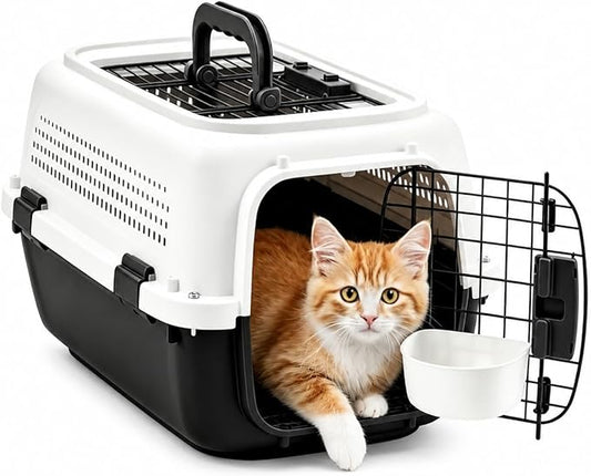23" Airline Approved Cat Carrier Hard Shell, Dual-Entry Pet Carrier with Top & Front Doors, Detachable Food Bowl & Secure Lock, Breathable Dog Carrier for Cats & Small Dogs Up to 22 lbs - Black