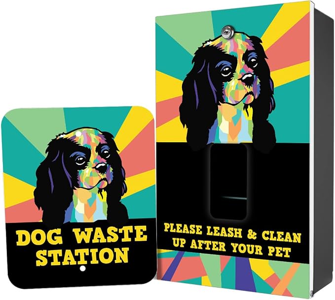 Dispense-Art Collection Pop Art King Charles Spaniel - Custom UV Printed Design on Rust-Proof Aluminum Dog Waste Station with 10-Gallon Capacity, 400 MittN Dog Waste Bags & 25 Can Liners