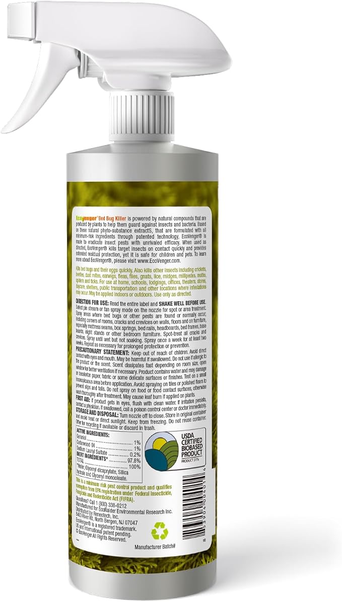 Bed Bug Killer 16 oz EcoVenger by EcoRaider, 100% Kill Efficacy, Bedbugs & Mites, Kills Eggs & The Resistant, Lasting Protection, USDA BIO-Certified, Plant Extract Based & Non-Toxic, Child & Pet Safe