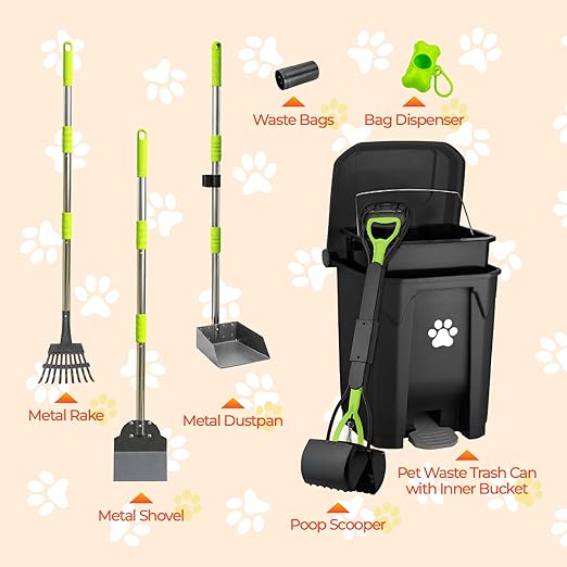 30L Dog Poop Trash Can Outside, Dog Waste Container with Pooper Scooper | Foot-pedal lid, removable inner bucket, metal rake, shovel & dustpan, bone bag dispenser with 5 waste bag rolls for yard.