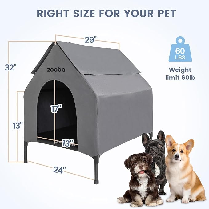 Zooba 29in Medium Dog House Outdoor, Elevated Dog Bed with Canopy, Grey | Weather-resistant 600D PVC canopy, breathable 2x1 Textilene elevated bed, steel frame; indoor or outdoor; easy to clean