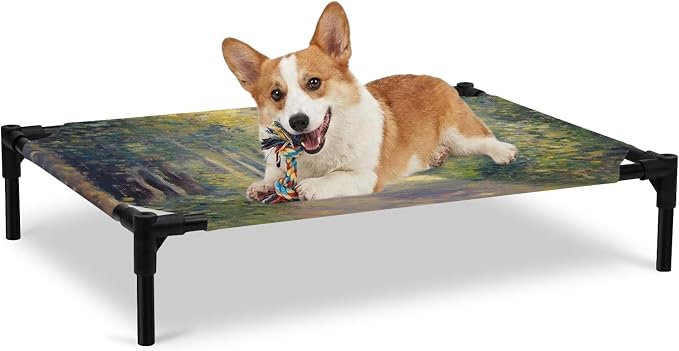 Outdoor Elevated Dog Bed for Large Dogs, Farmhouse Forest Breathable Cooling Raised Dog Cot for Indoor/Outdoor, Pastoral Country Sun Light Trees Waterproof Elevated Pet Beds, L 28 x 22 in