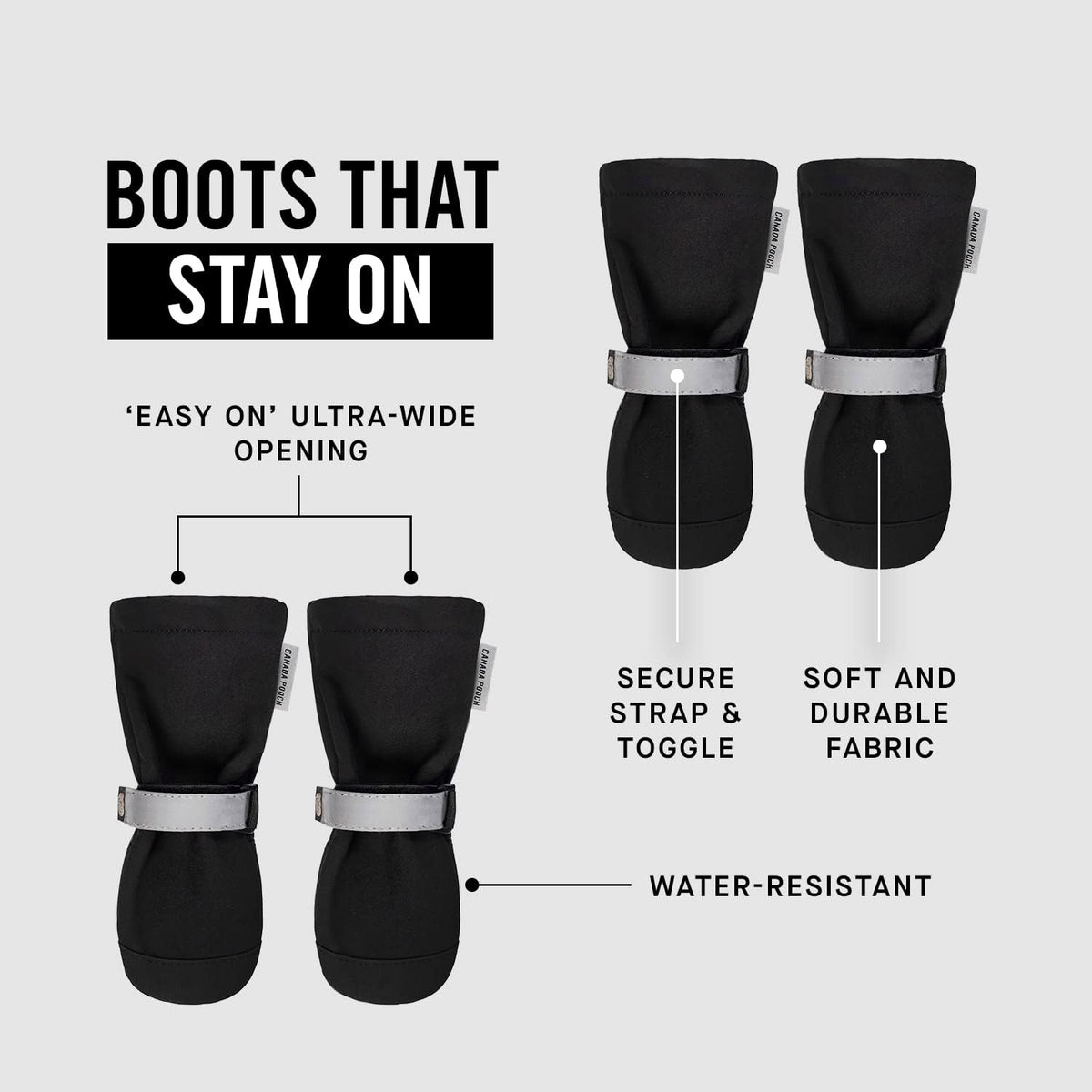 Canada Pooch Dog Winter Boots - Paw Protection, Anti-Slip Dog Shoes with Reflective Strap, Easy On for Small Medium Large Dog Booties - Black, Size 2