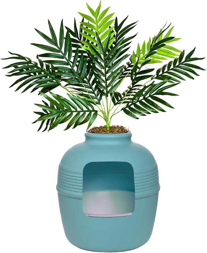 Good Pet Stuff Original Hidden Litter Box Planter, Decorative Cat Litter Enclosure with Carbon Filter, Artificial Palm Plant, Upgraded Design, Easy Clean Litter Tray, Essentials Kit, Caribbean Blue