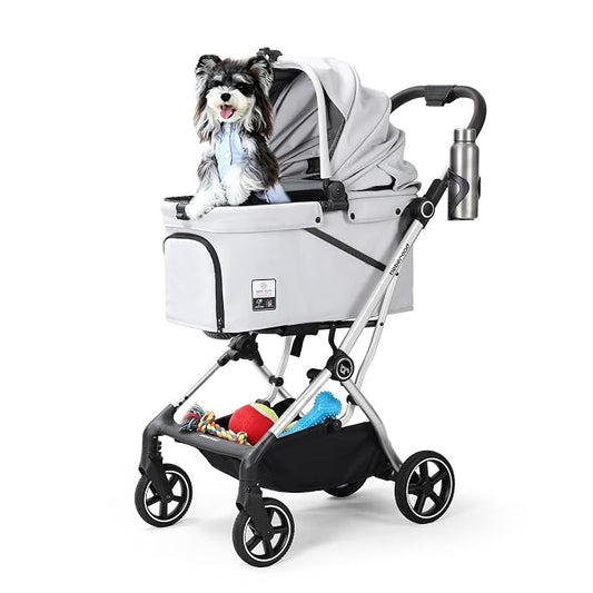 T4 Max Pet Stroller for Small Medium Dogs Cats, 4 Wheels Travel Folding Carrier Waterproof Puppy Stroller with Pad, Canopy and Cup Holder, Gray