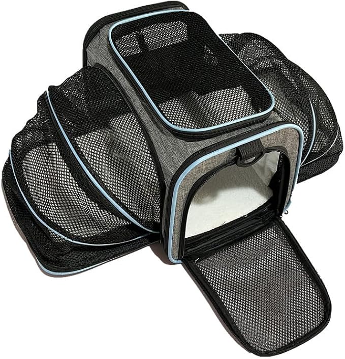 Expandable Cat Carrier Pet Carrier with 2 Extensions,Airline Approved Soft-Sided Portable Dog Travel Washable Carrier for Kittens,Puppies,Removable Soft Plush Mat (Grey Blue, Medium)