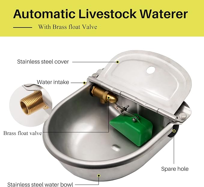 Automatic Dog Water Dispenser Outdoor Large Breed Self Filling Water Bowl | Heavy Duty Brass Float Valve Control, Wall Mount, For Poultry Chicken Duck Goat Sheep Horse Cattle Livestock, Bakcyard Farm