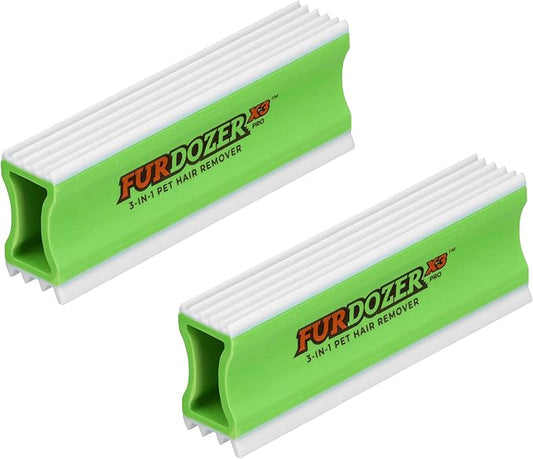 FurDozer Pet Hair Remover & Auto Detailing Tools - Cat & Dog Hair Remover for Carpets, Car Interiors, Couches, Bedding, & Pet Furniture (Green, (2 Pack) - X3 PRO)