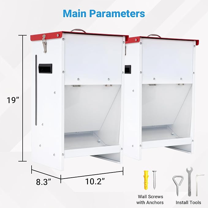 Automatic Dog Feeder, 2 PCS 15LBS Capacity Auto Gravity Dispenser | Powder Coated Dog Feeder, Waterproof for Indoor & Outdoor Use, 10.2"L x 8.3"W x 19"H, Red and White