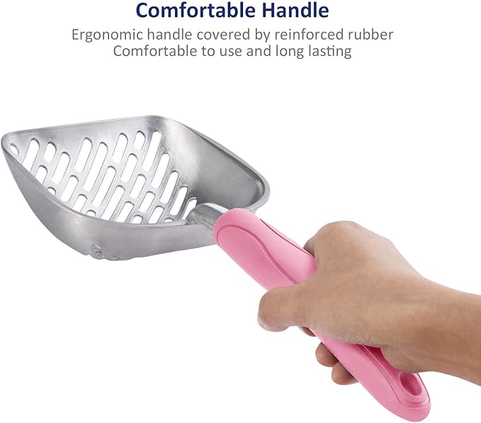Cat Litter Scoop, Aluminum Alloy Sifter, Kitty Metal Scooper, Deep Shovel with Diagonal Sifting Hole, Long Handle, Kitten Poop Lifter for Litter Box, Medium Size, Pink Handle