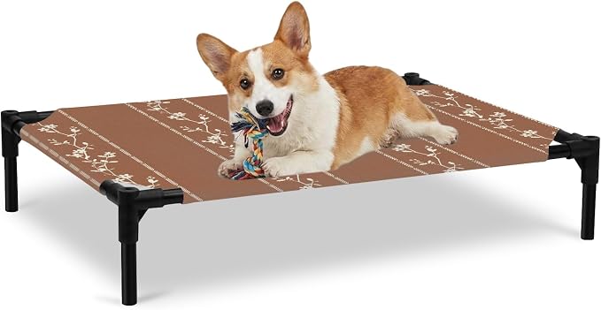Outdoor Elevated Dog Bed for Large Dogs, Brown Flowers Branch Breathable Cooling Raised Dog Cot for Indoor/Outdoor, Spring Summer Farmhouse Botanical Waterproof Elevated Pet Beds, L 28 x 22 in