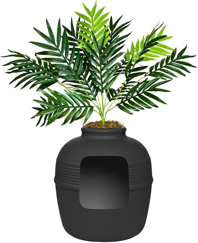 Good Pet Stuff Original Hidden Litter Box Planter, Decorative Cat Litter Enclosure with Carbon Filter, Artificial Palm Plant, Upgraded Design, Easy to Clean, Base Kit, Black Suede