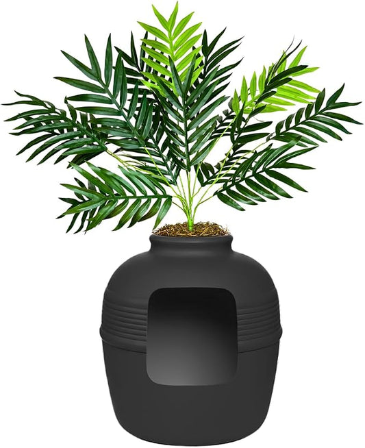 Good Pet Stuff Original Hidden Litter Box Planter, Decorative Cat Litter Enclosure with Carbon Filter, Artificial Palm Plant, Upgraded Design, Easy to Clean, Base Kit, Black Suede