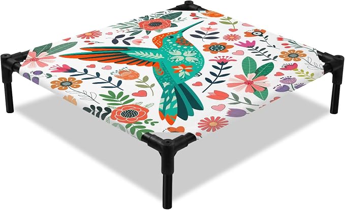 Outdoor Elevated Dog Bed for Small Dogs, Birds Flowers Breathable Cooling Raised Dog Cot for Indoor/Outdoor, Cartoon Sunny Colorful Botanical Floral Waterproof Elevated Pet Beds, S 20 x 20 in