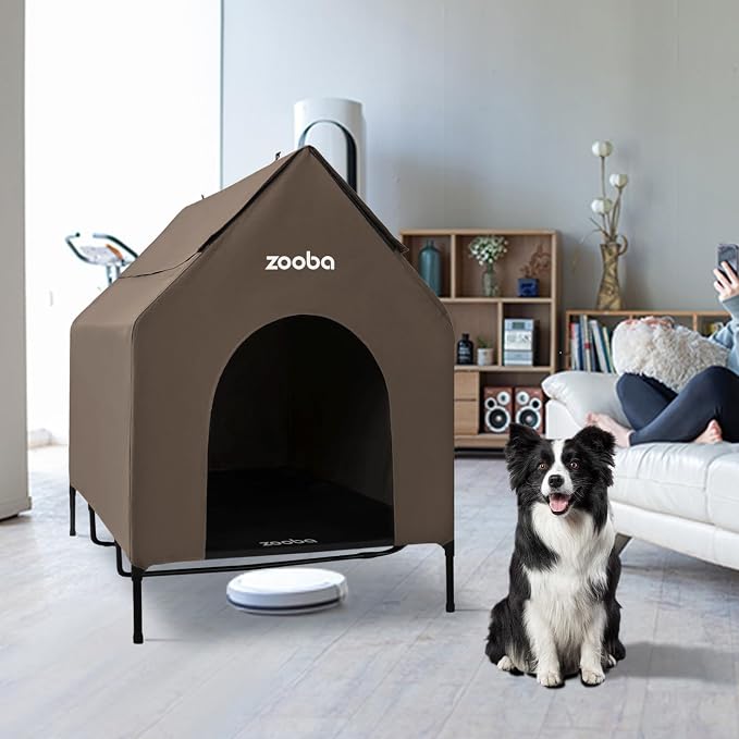 Zooba 48in XL Dog House Outdoor, Elevated Dog Bed with Canopy, Brown | Weather-resistant 600D PVC canopy, breathable 2x1 Textilene elevated bed, steel frame; indoor or outdoor; easy to clean