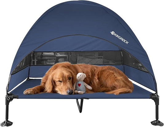 KINGROCK Elevated Dog Bed with Removable Canopy Portable Outdoor Pet Cot Waterproof 600D Oxford Fabric Anti Slip Feet for Large Dogs Camping Beach Indoor and Outdoor Use