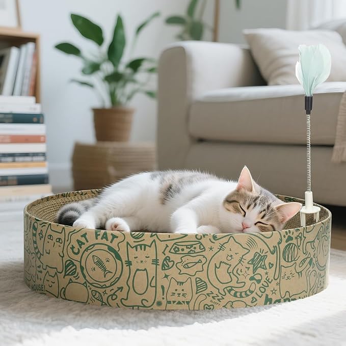 Cat Scratcher Cardboard, 2in1 Oval Cat Scratcher Bed for Indoor Cats Cat, Scratch Pad Bowl with Scratching Toy, Cozy Oval Cat Scratch Bed Furniture for Kittens & Medium Size Cats(Green)