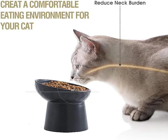 Elevated Cat Bowls, 15° Tilted Ceramic Raised Cat Food and Water Bowl Set, Whisker-Friendly Porcelain Pet Feeder Dishes for Indoor Cats and Small Dogs,Black & White Mixed,5.2 Inch,4 Pack