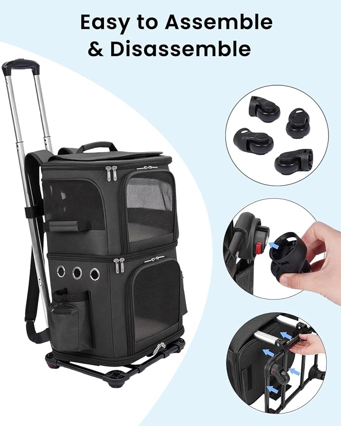 HOVONO Double-Compartment Cat Carrier Backpack with Wheels for Two Pets | Pet Rolling Carrier for Smalls Cat and Dogs, Perfect for Traveling / Walking/ Vet, Up to 12 lbs each, Black