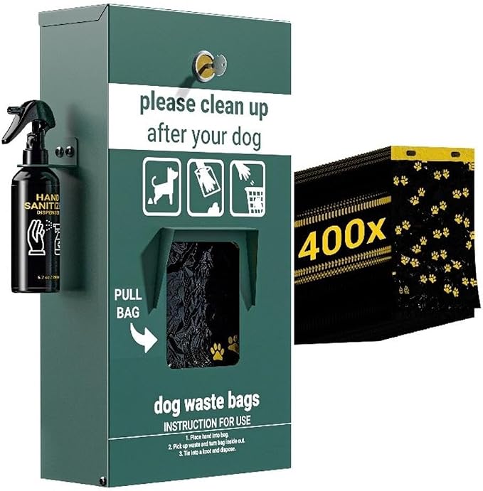 Pemberly Row Mountable Locking Pull Out Pet Waste Bag Dispenser, 5"x12"x16", Galvanized Steel, Green, Includes Hand Sanitizer, Glow-in-the-Dark Signage, 400 Bags, Commercial or Residential Use
