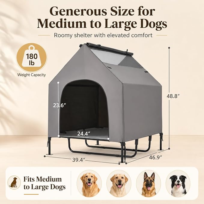 Erinnyees 48" Large Dog House Outdoor for Large Dogs, 2-in-1 Waterproof Dog House & Elevated Dog Bed with Removable Canopy, Breathable Mesh Windows, Steel Frame Dog Tent for Patio Backyard Camping
