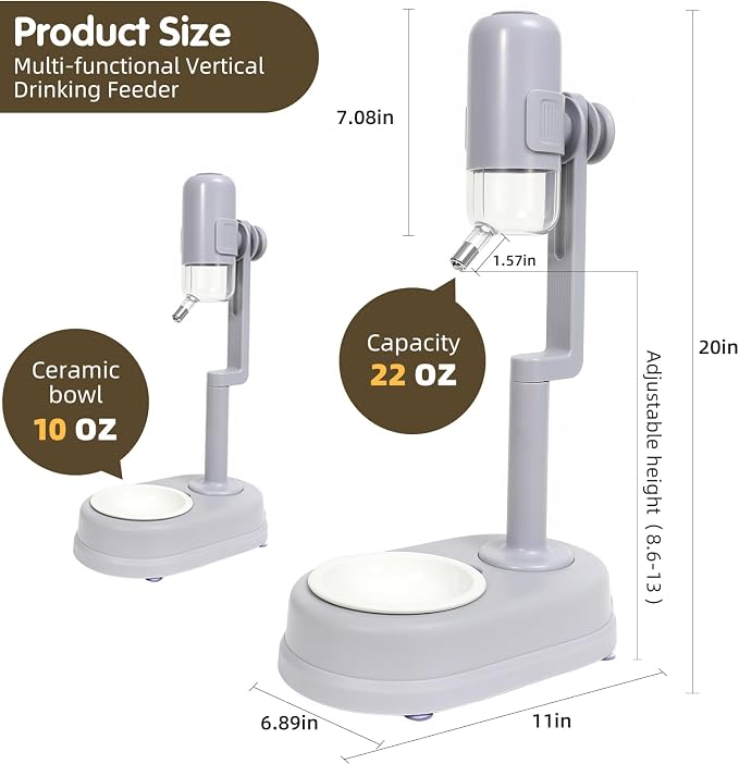 Pet Standing Water Dispenser Cat Dog Standing Ceramic Bowl Automatically Feeding Water Height Adjustable Detachable Pole (Gray, Large)
