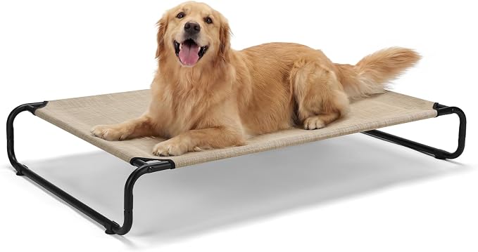 Veehoo Cooling Elevated Dog Bed, Outdoor Raised Dog Bed for Large Dogs | Dog Cot with Thickened Frame, Durable Teslin Mesh & Anti-Slip Rubber Feet, Pet Hammock for Indoor or Camping, 49", Beige
