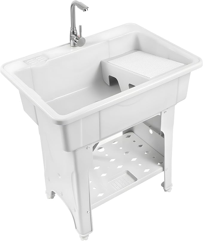 Plastic Utility Sink with 360° Swivel Hot and Cold Faucet White | 154 lbs Load Capacity, Equipped with Hose Hook Up, Includes Washboard, Bottom Storage Board, Suitable for Garages and Gardens