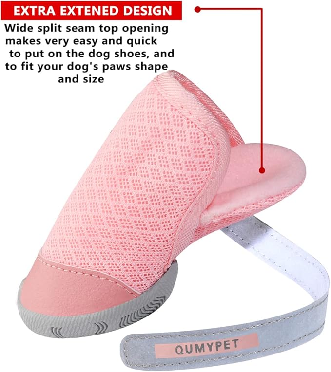 QUMY 4PCS Dog Shoes for Small Dogs, Hot Pavement Summer Puppy Dog Boots & Paw Protectors with Soft Anti-Slip Rubber Sole, Mesh Breathable Dog Booties for Hardfloors, Walking Running Pink Size 4