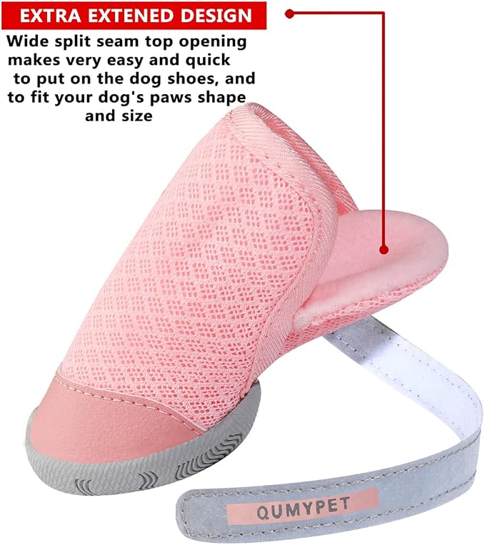 QUMY 4PCS Dog Shoes for Small Dogs, Hot Pavement Summer Puppy Dog Boots & Paw Protectors with Soft Anti-Slip Rubber Sole, Mesh Breathable Dog Booties for Hardfloors, Walking Running Pink Size 5