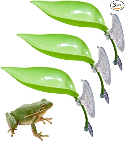 3 Pack Plastic Leaf Decorations with Suction Cups, Frog Habitat Platform, Reptile Decorations for Terrarium, Frog Tank Accessories, Terrarium Decor for African Dwarf, and Toad (Green)