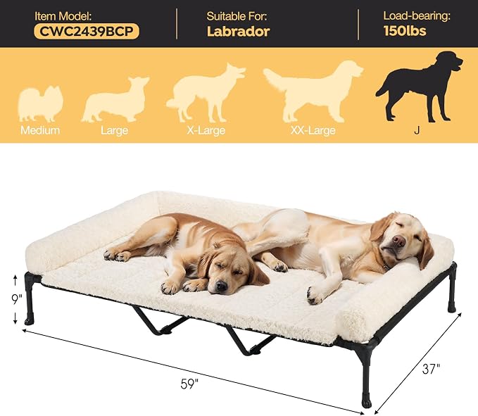 Veehoo Orthopedic Elevated Dog Bed Add Removable Deluxe Rose Plush Bolster Cushion Mat, 59" x 37" Washable Dog Couch Bed, Raised Pet Cot with Breathable Teslin Mesh, No-Slip Feet, White, CWC2439B