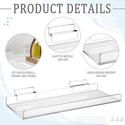 Yalikop 4 Pcs Slatwall Shelves Clear Acrylic Slatwall Shelves Organizer Wall Mounted Hanging Accessories Plastic Panel Display Shelf for Retail Store Boutique Garage Home(No Fence Style,10 x 4 Inch)