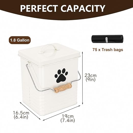 1.85Gal/7L Small Outdoor Trash Can with Lid, Metal Dog Poop Trash Can Outside, Dog Waste Container Bucket Handle(75 Trash Bags Included)-White