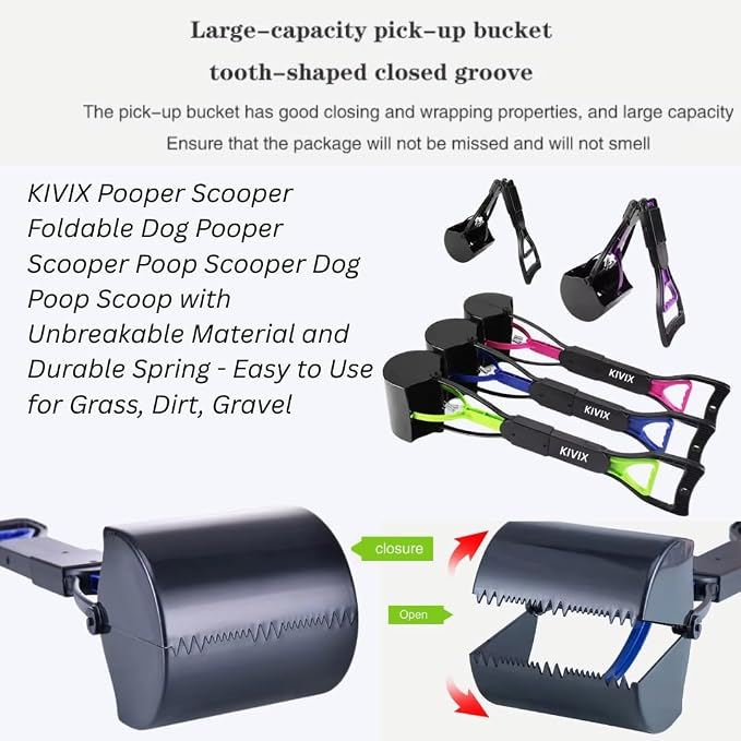 28" Pooper Scooper Foldable Green Dog Pooper Scooper Dog Poop Scoop with Unbreakable Material and Durable Spring Easy to Use for Grass, Dirt, Gravel