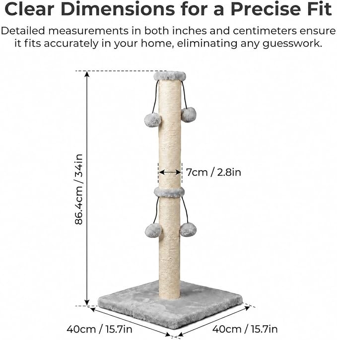 Dimaka 34'' Cat Scratching Post, Cat Scratching Post, Cat Scratcher for Large Cats with Teasing Toy Ball, Natural Sisal White and Grey (Grey)