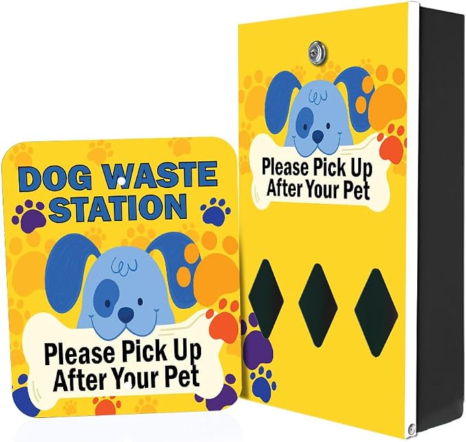 Zero Waste USA - DISPENSE-ART™ Roll Bag Dispenser & Sign - Cartoon Dogs | UV-printed roll bag dispenser & matching sign, 400 bags, 25% more storage, mounts to walls, posts & fences