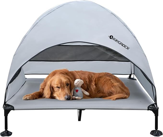 KINGROCK Elevated Dog Bed with Removable Canopy Portable Outdoor Pet Cot Waterproof 600D Oxford Fabric Anti Slip Feet for Large Dogs Camping Beach Indoor and Outdoor Use
