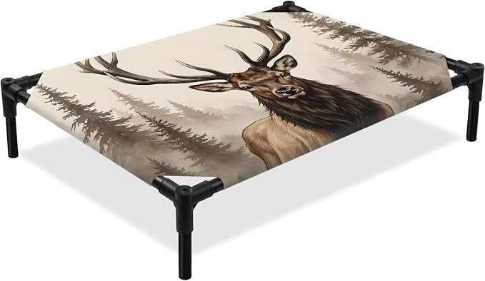 Outdoor Elevated Dog Bed for Large Dogs, Brown Elk Breathable Cooling Raised Dog Cot for Indoor/Outdoor, Farm Pine Forest Tree Wildlife Rustic Waterproof Elevated Pet Beds, L 28 x 22 in