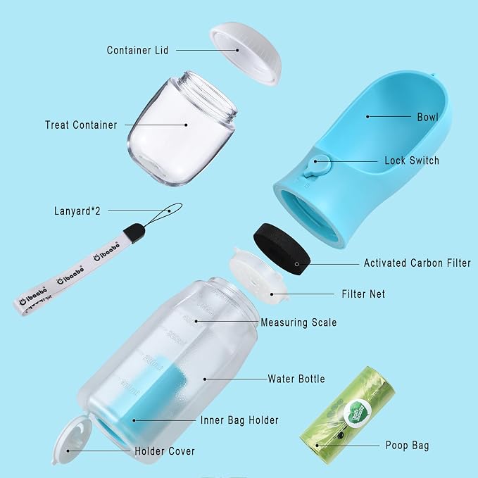 Cibaabo Dog Water Bottle with Food Container & Poop Bag Holder, Travel Water Bowl, Portable Pet Dispenser, Dog Gifts Stuff Accessories Items, Puppy Essentials for Yorkie Chihuahua Walking Hiking