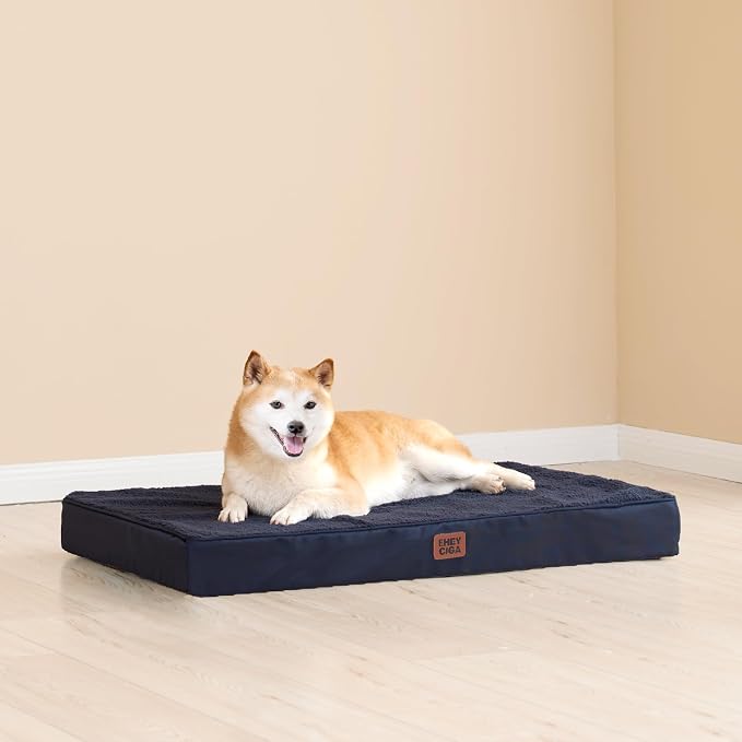EHEYCIGA Orthopedic Dog Bed Large with Removable Washable Cover, 44IN Navy | Egg Crate Foam Support, Durable Oxford fabric, Non-Slip Bottom, Machine Washable, Soft Waterproof Plush Pet Bed Mat For Crate