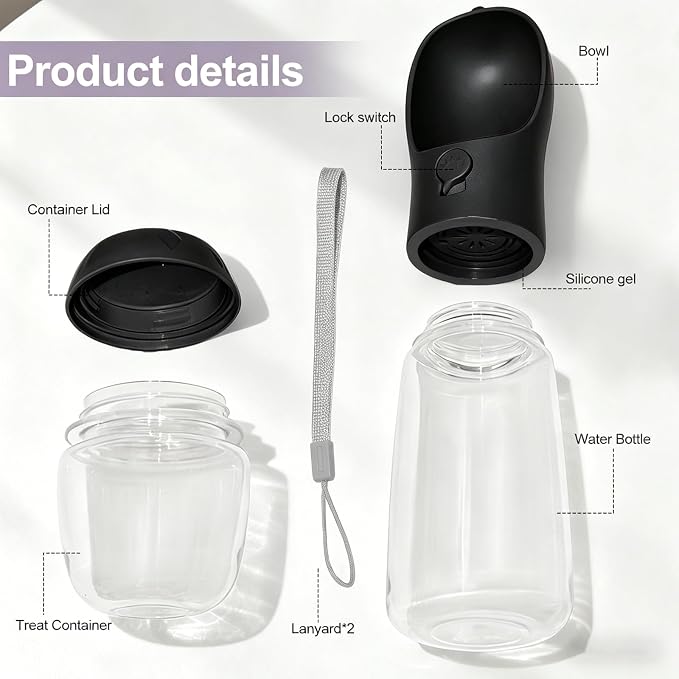 Dog Water Bottle, Portable Water Bottle with Food Container for Dogs Cat Pet Hiking Walking Travel Camping, Leak-Proof Dog Water Bowl Dispenser with Feeder Function Puppy Essentials