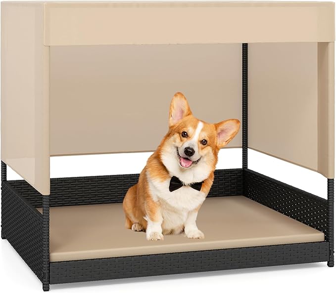 Tangkula Elevated Wicker Dog House for Small to Medium Breeds, Raised Rattan Pet Sofa Bed with Removable Cushion, Canopy Roof, Indoor & Outdoor Puppy Cat Shade Shelter for Patio, Yard, Garden