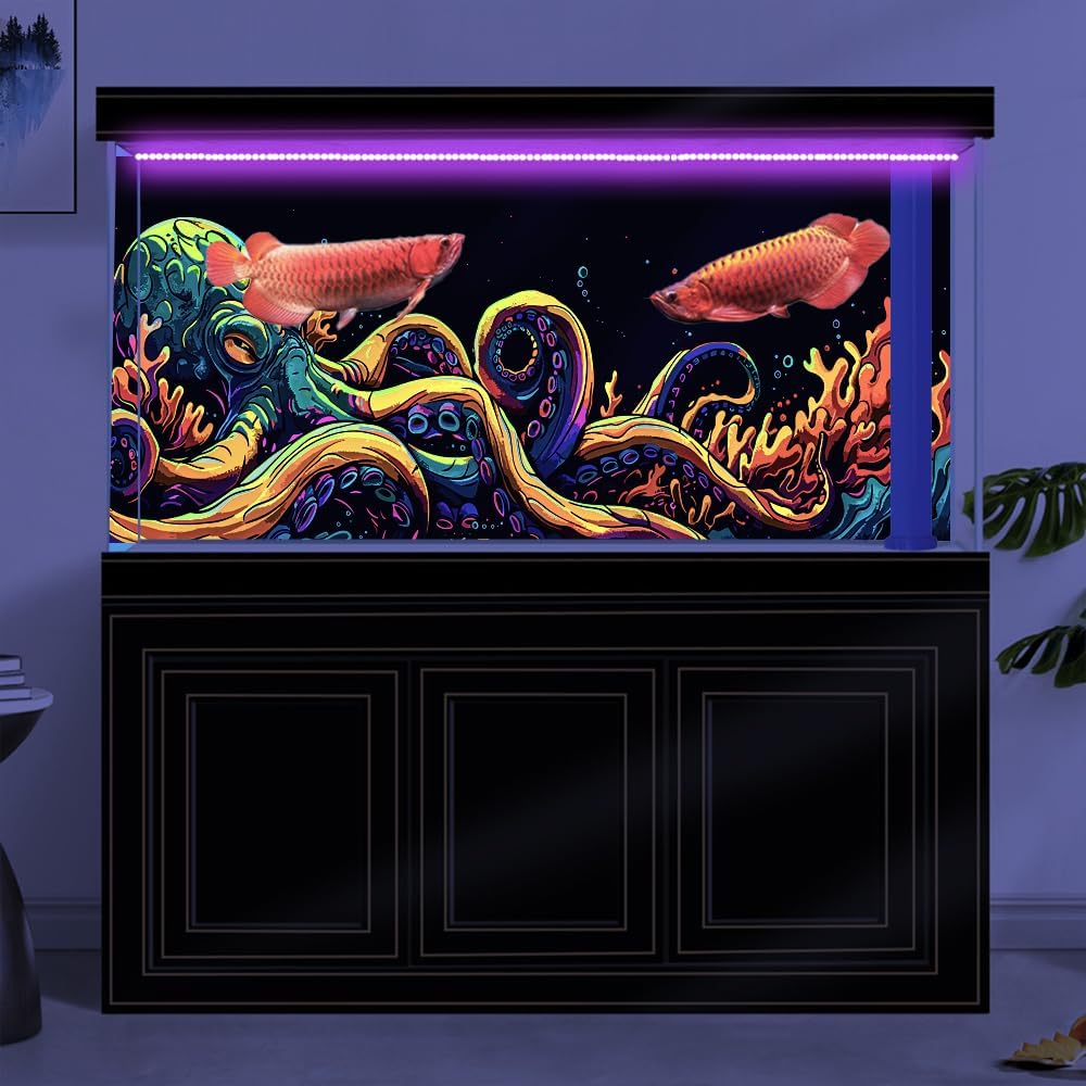 60X24IN Blacklight Octopus Sea Monster HD 3D Black Light Aquarium Background UV Reactive Background Terrarium Background with 10 EVA Double-Sided Tape